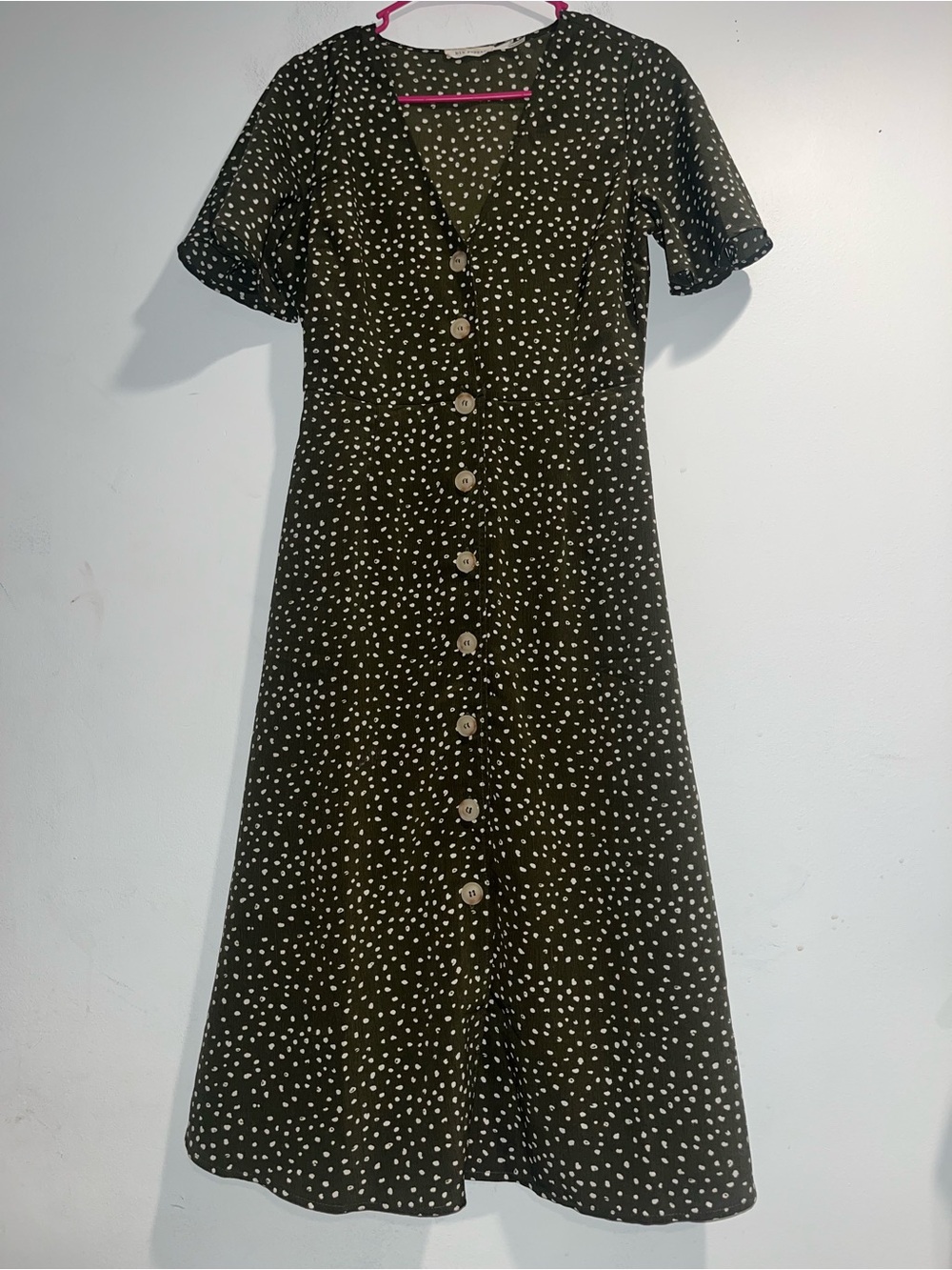 BLU PEPPER Button up olive green polka dot midi dress